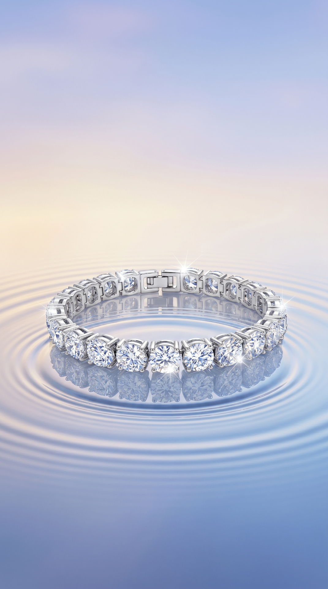 Moissanite tennis bracelet on rippling water